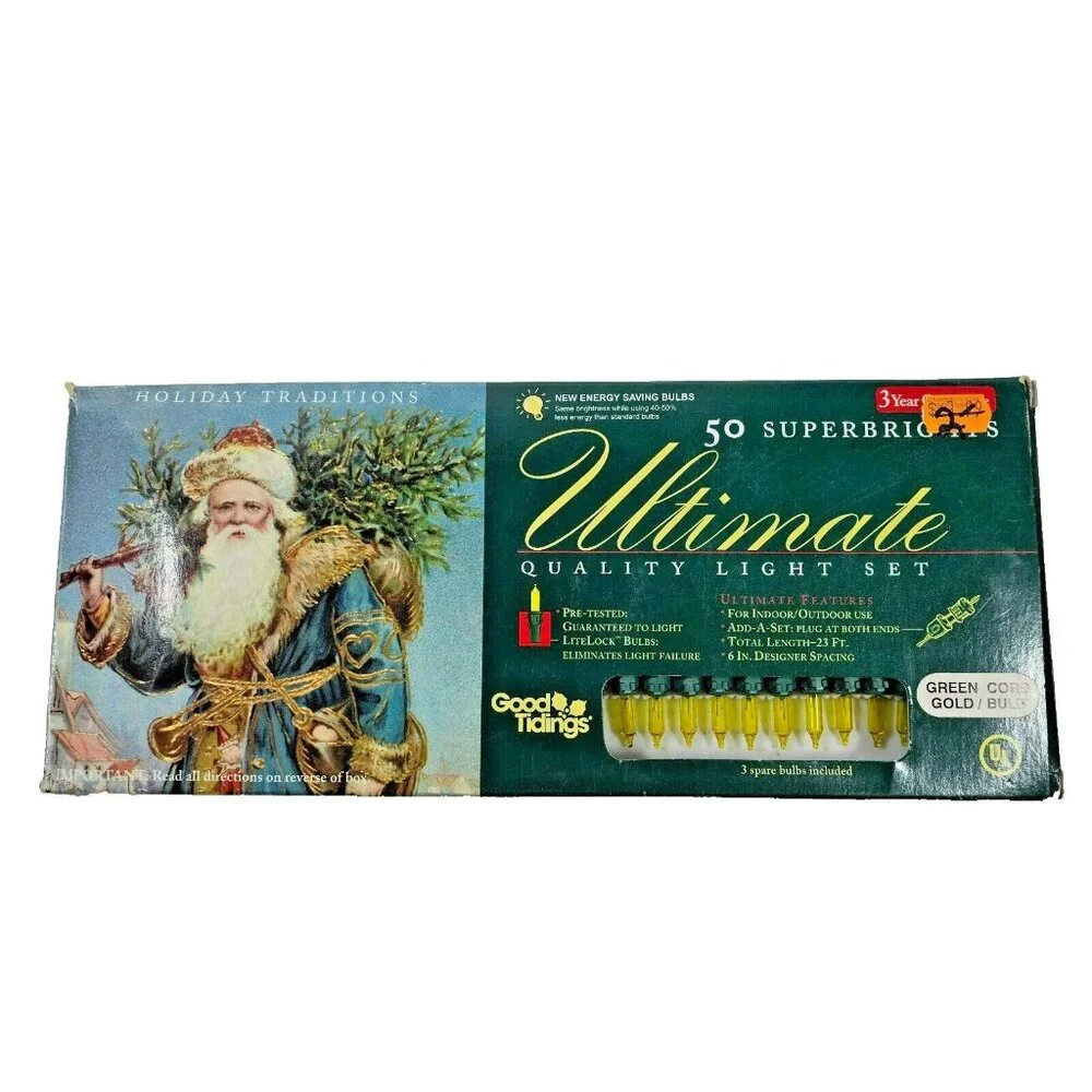 Good Tidings 50ct Yellow / Gold String Lights NEW Green Wire 23ft Christmas